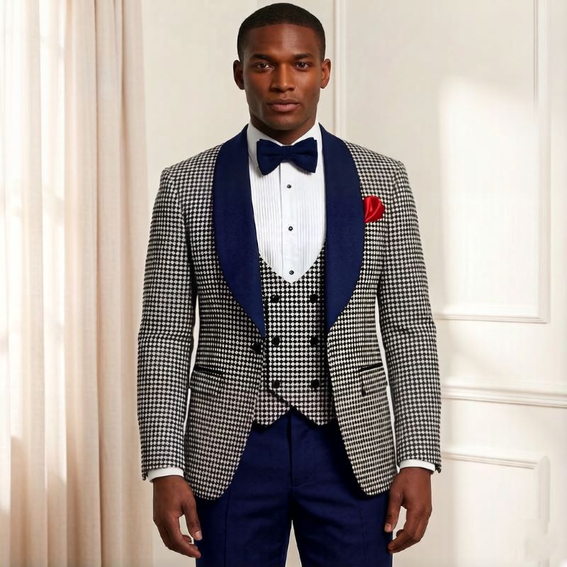 Men'S Grooming Awards - Herren-Anzüge im Hahnentritt-Karo-Design, Slim Fit, 3-teilig,