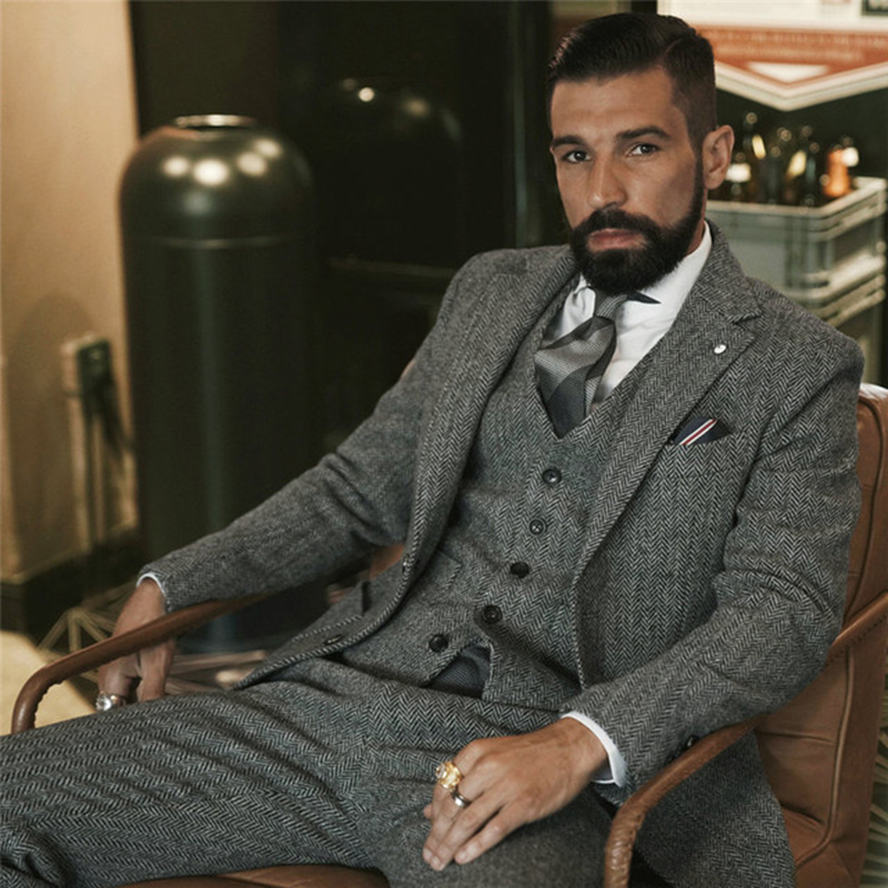 Men'S Grooming Room - Grauer Woll-Tweed-Winteranzug für Herren, Fischgrätenmuster, schmale